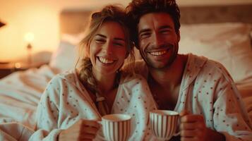 AI generated Young and happy couple in pajamas drinking coffee in bed photo