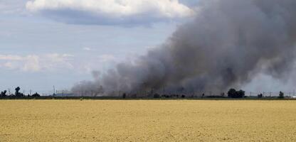 The fire is somewhere beyond the plowed field. Dark smoke from a fire. photo