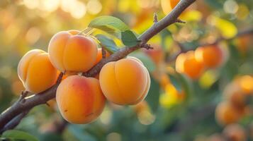 AI generated Beautiful juicy ripe apricot hang on a branch in the summer garden photo