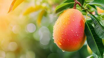 AI generated Beautiful juicy ripe mango hang on a branch in the summer garden photo