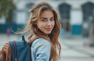 AI generated beautiful student woman walking with her backpack student photo