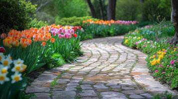 AI generated A picturesque garden path adorned with colorful tulips and daffodils, ideal for an Easter stroll photo