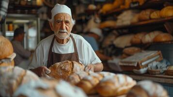 AI generated An old baker bakes bread in his small cozy Italian style bakery. photo