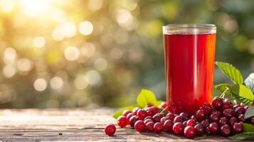 ai generado un vaso de airela jugo siguiente a arándanos rojos en un de madera mesa. borroso antecedentes de verano jardín desde detrás foto