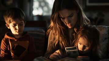 AI generated Stress single mom and empty wallet with two children solo parenting. photo