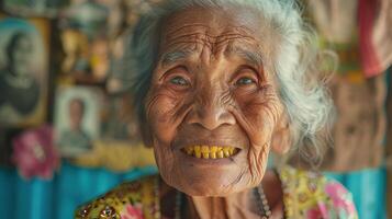 ai generado mayor mujer con un triste sonrisa y amarillo dientes en frente de familia fotos