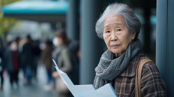 ai generado envejecimiento sociedad un antiguo mujer en pie en un largo línea fuera de un gobierno oficina participación documento foto