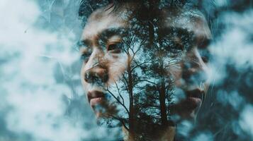 AI generated blend of a person and a forest double exposure effect dreamlike visual experience. photo