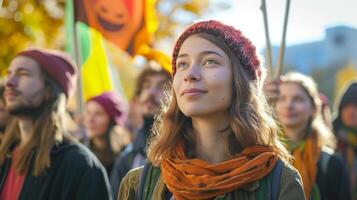 ai generado global calentamiento grupo de mujer protesta para clima acción con banderas y pancartas foto