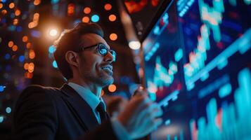 AI generated A Businessman Making a Profitable Trade on a Trading Floor screens displaying profit in the background. photo