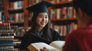 AI generated student girl graduate in cap receiving a scholarship award academic environment. photo