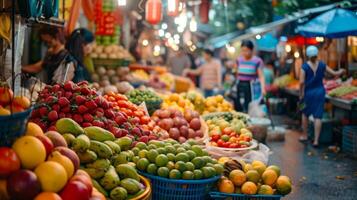 ai generado vistoso frutas y vegetales en monitor a un calle mercado. foto