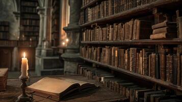 ai generado vida largo aprendizaje antiguo biblioteca con de madera estantería antiguo libros y parpadeando luz de una vela foto