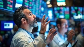 AI generated Busy stock market trading floor with brokers gesturing and screens displaying financial data photo