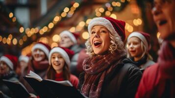 AI generated a traditional Christmas scene, capturing the joy and warmth of the holiday with Santa Claus, a girl, and a beautifully decorated tree in a cozy room. photo