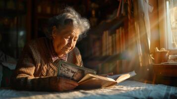 ai generado envejecimiento sociedad antiguo mujer mirando a un foto álbum llenar con memoria Dom transmisión mediante el ventana