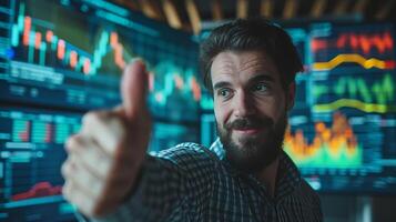 AI generated Confident Trader with Financial Graphs and Thumbs Up photo