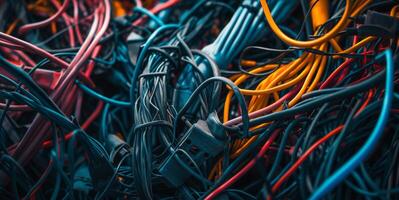 AI generated mess of colorful electrical wires and cables  complexity confusion or disorganization. photo