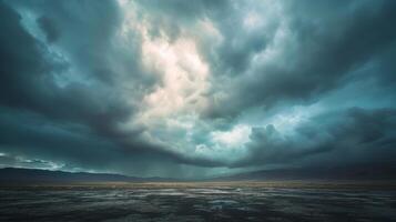 AI generated landscape with dark storm clouds above with sunlight break in the clouds. photo