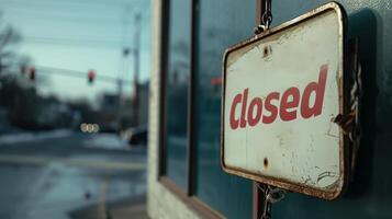 AI generated closed sign hangs on a building a business shutdown with a street and traffic lights in the background. photo