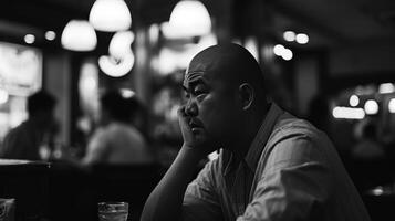 AI generated dramati bald man in a bar lost in thought. monochrome tone photo