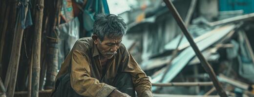 AI generated war immigrant man constructing a makeshift shelter using salvaged materials photo