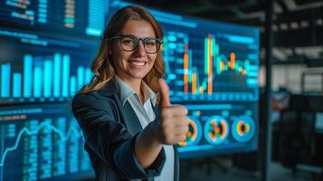 AI generated confident woman trader giving a thumbs up with charts and graphs on screen behind photo