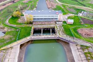 Water pumping station of irrigation system of rice fields. View photo