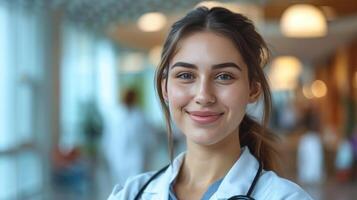 AI generated Young beautiful female doctor standing smiling looking at camera against blurred hospital background photo