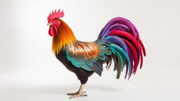 ai generado un vibrante vistoso gallo multicolor plumas. en blanco foto