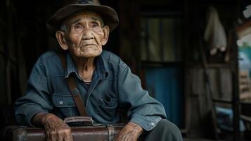 AI generated war immigrant elder man sitting on a weathered suitcase looking into the distance photo