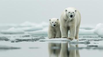 ai generado global calentamiento un familia de polar osos con derritiendo icebergs ártico fauna silvestre foto
