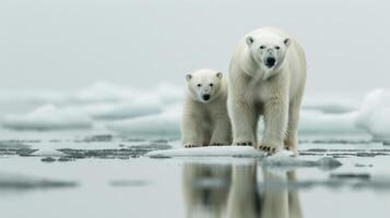 AI generated Global Warming a family of polar bears with melting icebergs Arctic wildlife photo