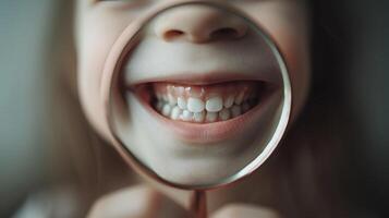 ai generado cerca arriba ver de dental cuidado en niño espejo reflejando niña sonrisa blanco dientes oral higiene foto