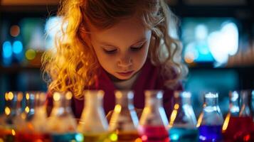 AI generated girl with colorful beakers and test tubes in a lab science experiment photo