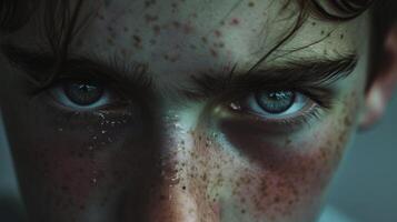 AI generated close up of a teenage europe man Freckled face blue eye stare at camera dark tone photo