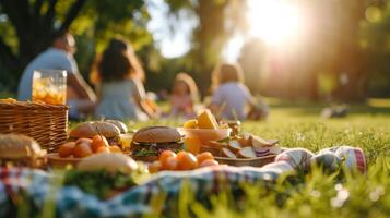 AI generated family activity picnic in a park homemade sandwiches and snacks photo