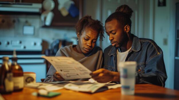 AI generated couple with unpaid bills and an empty wallet sitting at a kitchen table financial stress photo