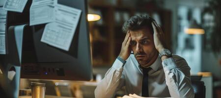 AI generated stress businessman staring at a computer screen managing tax documents photo