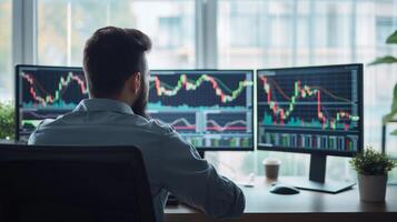 AI generated market analysis trader analyzing stock market data on multiple screens colorful charts and graphs photo