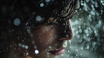 ai generado cerca arriba de mujer en pie en el lluvia experiencia mental enfermedad foto