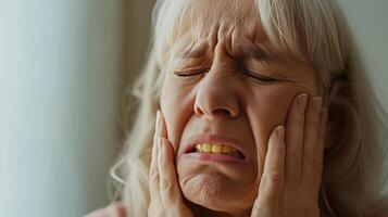 AI generated dental problems middle aged woman holding jaw with yellow and decaying teeth photo