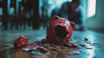 AI generated Broken Dreams piggy bank lying on the floor with coins and dollar bills financial loss photo