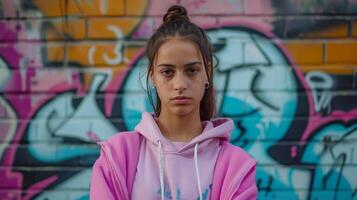 AI generated teenager woman pink hoodie standing in front of a graffiti wall photo