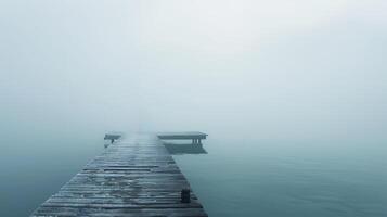 ai generado un niebla de madera muelle desapareciendo dentro el niebla calma tranquilo lago foto