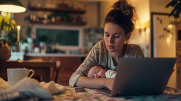 ai generado madre multitarea equilibrio trabajo y cuidado de niños trabajando en un ordenador portátil un bebé dormir en brazo foto