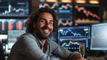 AI generated Trader celebrating profit with champagne and screens photo