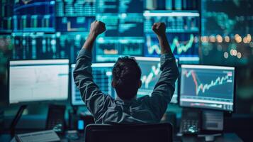 AI generated Trader celebrating positive stock movements with screens photo