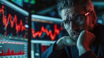 AI generated stock market downturns trader staring at a computer screen with red graphs photo