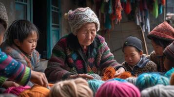 AI generated Aging Society an old woman teaching a group of children how to knit in yarn crafting photo